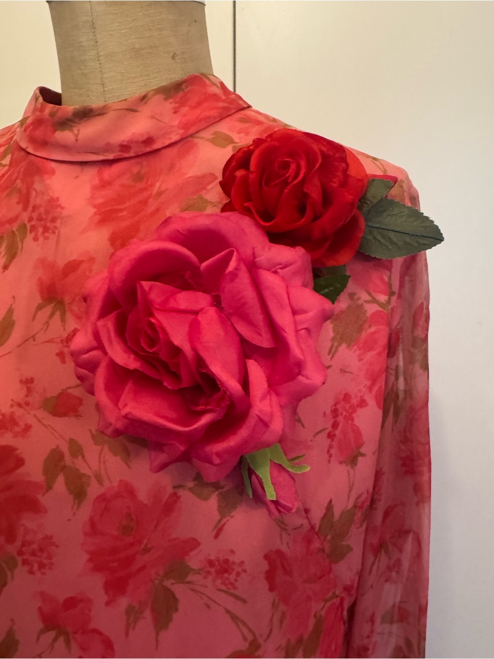 60’s Pink Floral Sheer Long-Sleeve Shift Dress with Flower Accent - Picture 2 of 7